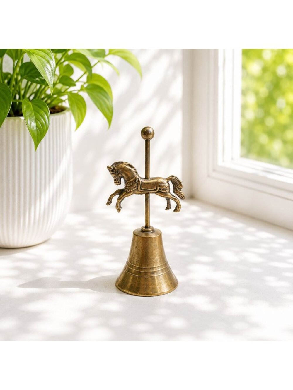Vintage Brass Horse Figurine Bell With Carousel Design Decorative Accent 6" Tall